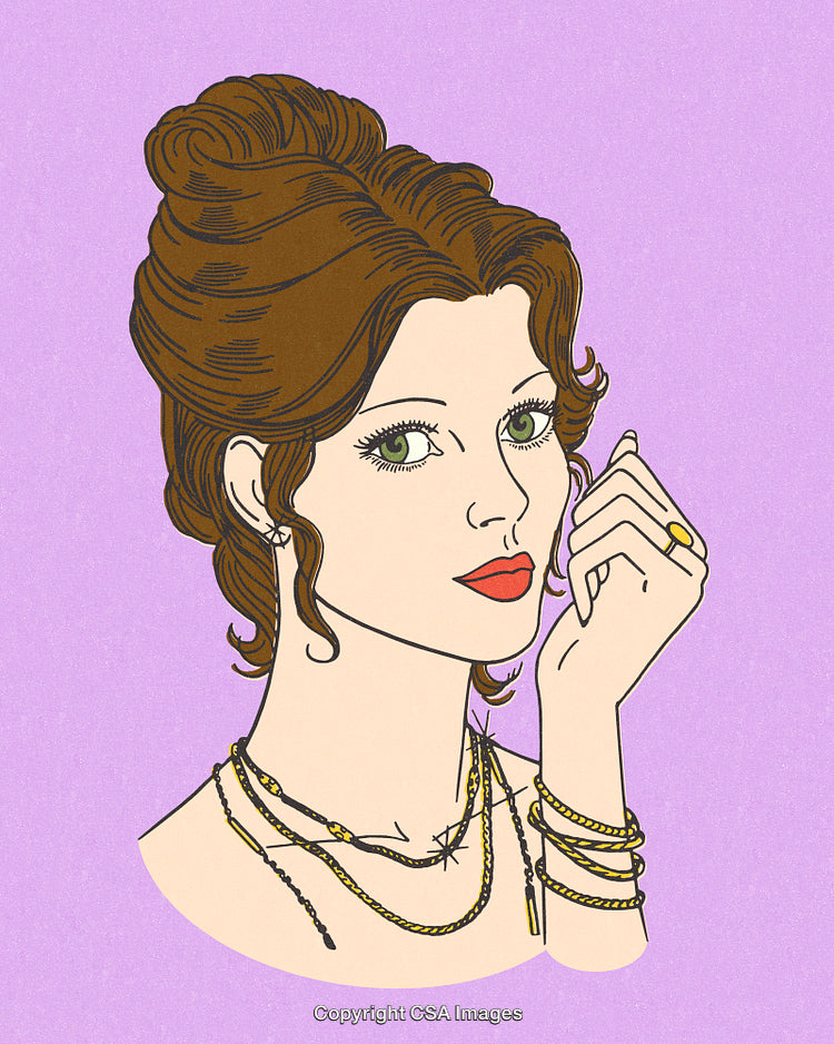 Retro Styled Woman with Elegant Jewelry on Vibrant Purple Background