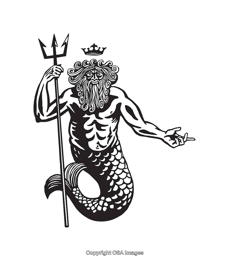Black And White Illustration of a Merman Holding a Trident