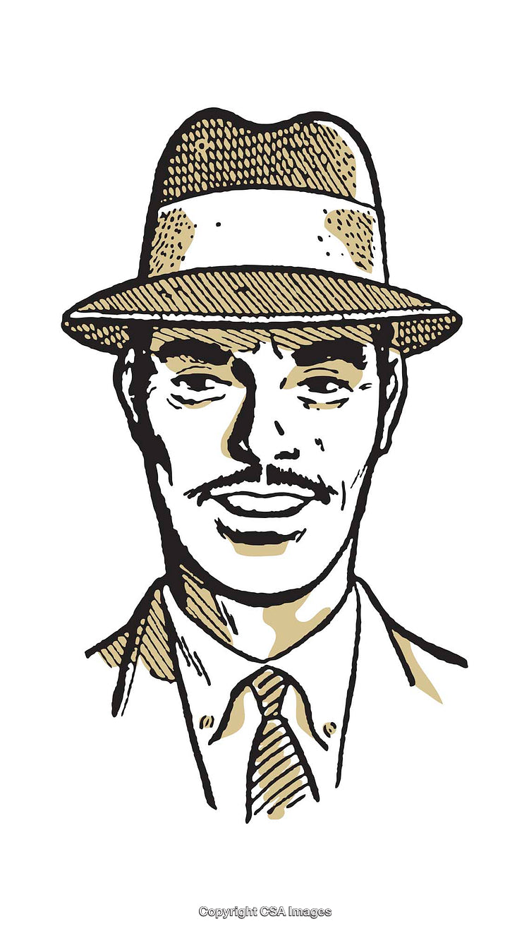 Vintage Illustration of Stylized Man in Hat and Suit, Mid-Century Aesthetic