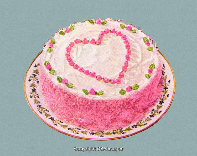 Heart-Themed Pink Frosted Cake on Decorative Plate With White Background