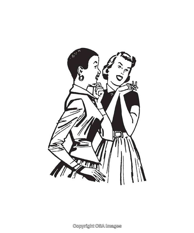 Retro Illustration of Two Women in Conversation Over White Background