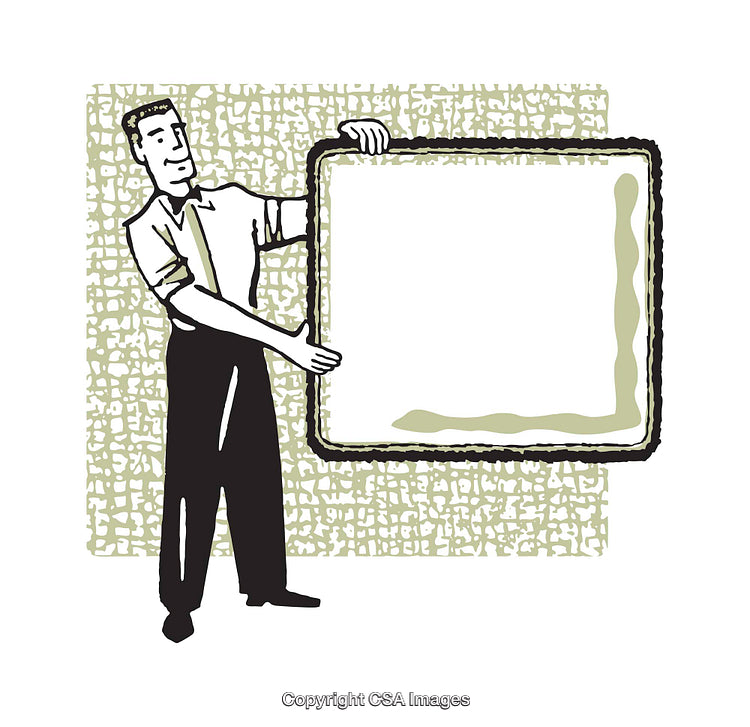 Retro Style Businessman Holding a Blank Frame for Custom Text