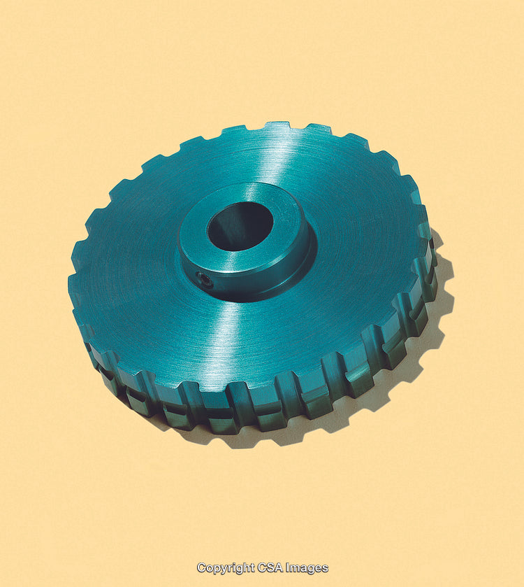 Blue Metallic Gear Cog on Solid Yellow Background