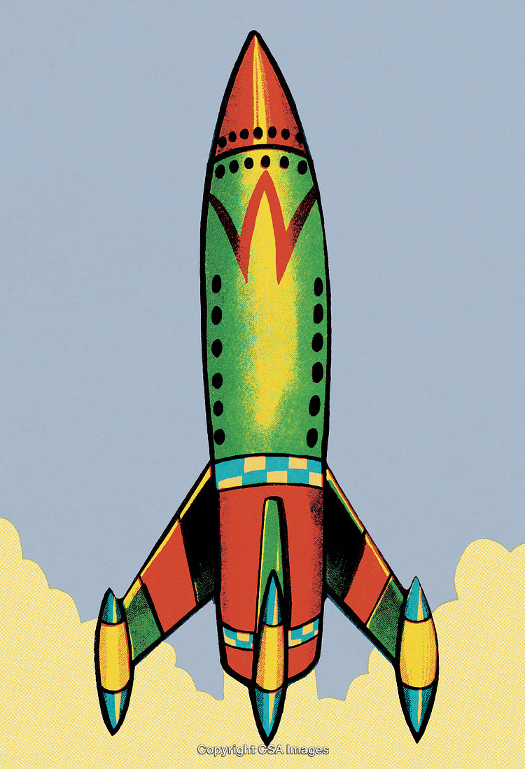 Colorful Vintage Inspired Rocket in a Cloudy Blue Sky
