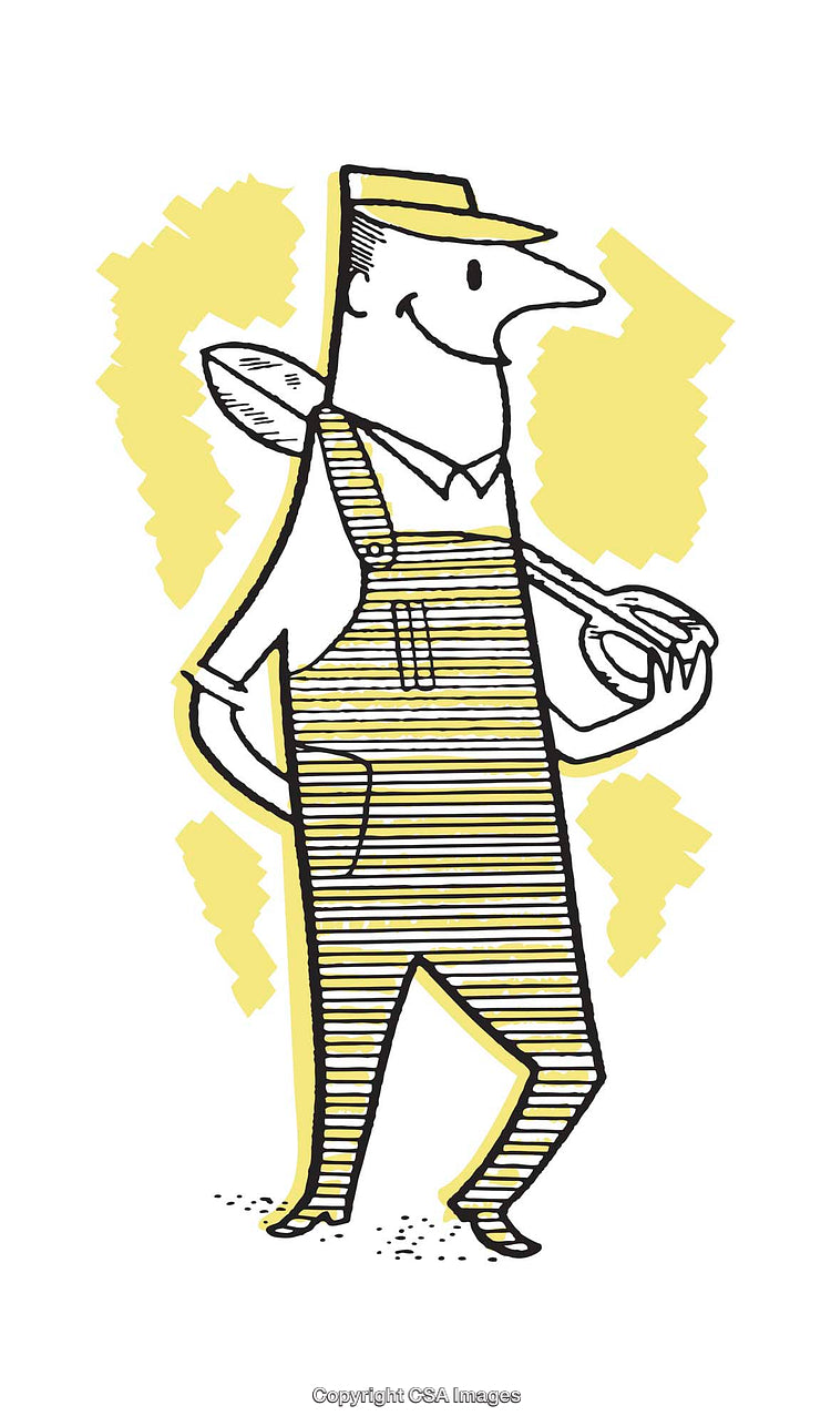 Retro Cartoon Farmer With A Shovel And Determined Expression