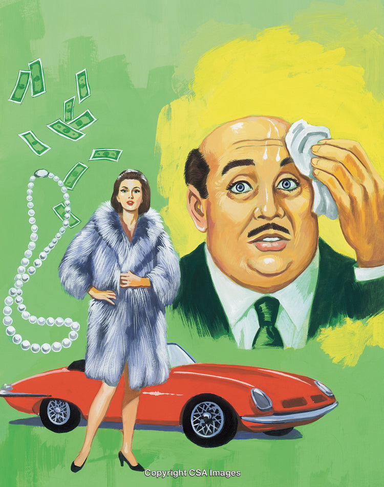 Stylish Woman with Luxury Items and Concerned Man in Colorful Composition
