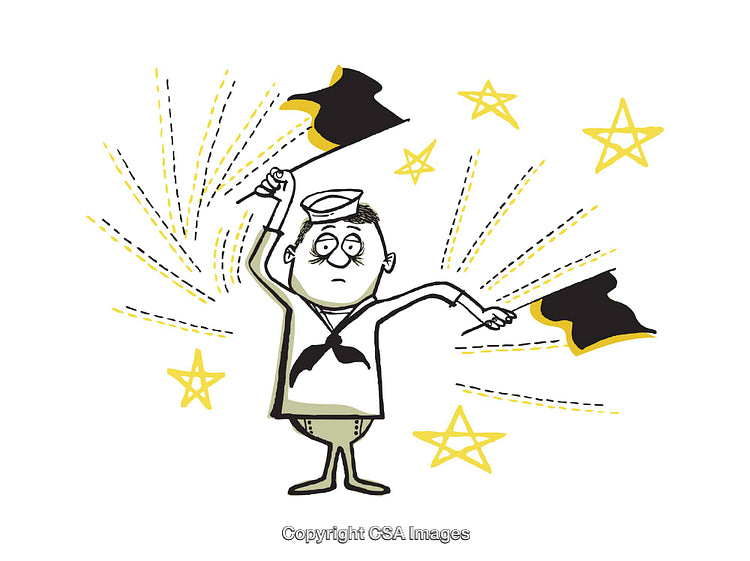 Cartoon Sailor Waving Flags Amidst Celestial Stars and Excitement