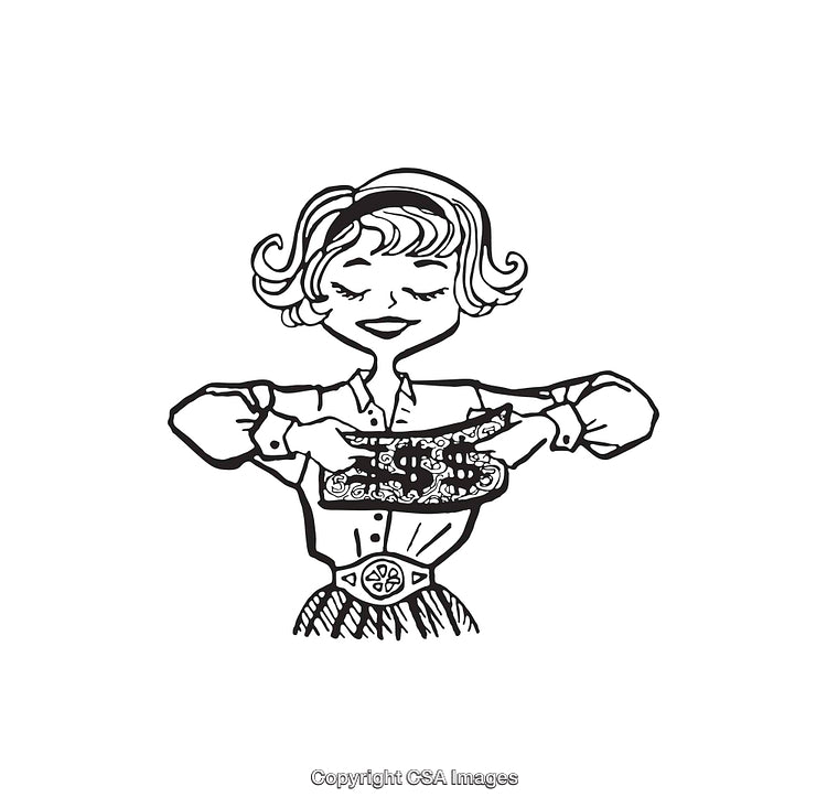 Retro Styled Line Art of a Classic Woman Holding Many Patterns