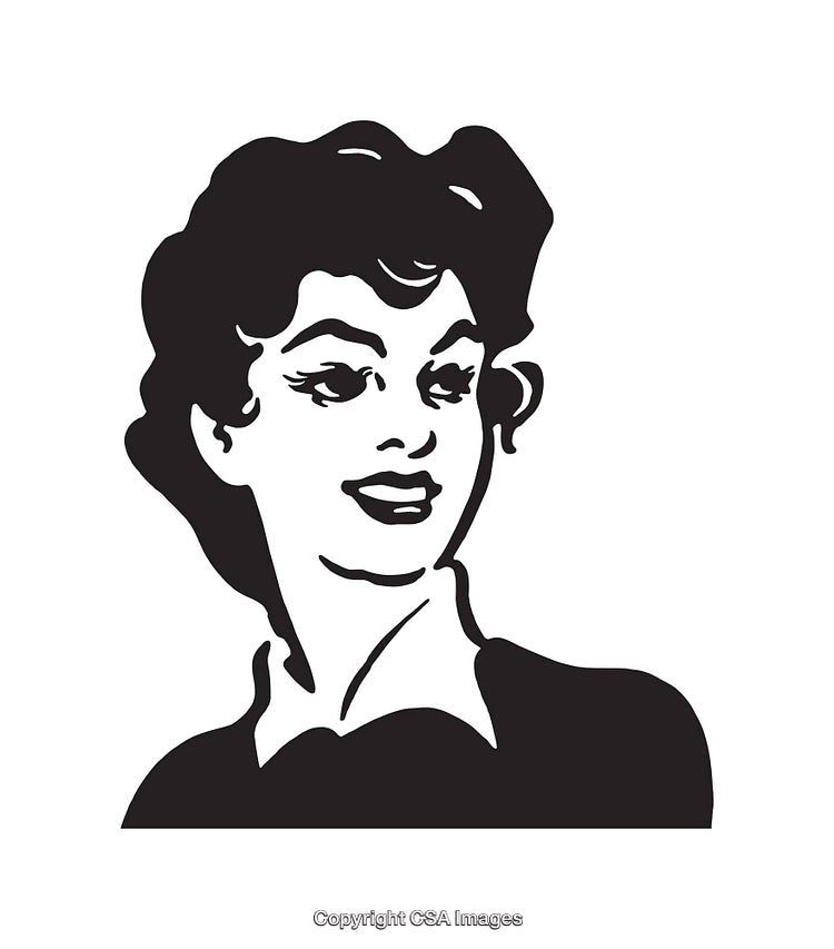 Retro Black and White Illustration of a Smiling Woman with Stylish Hair