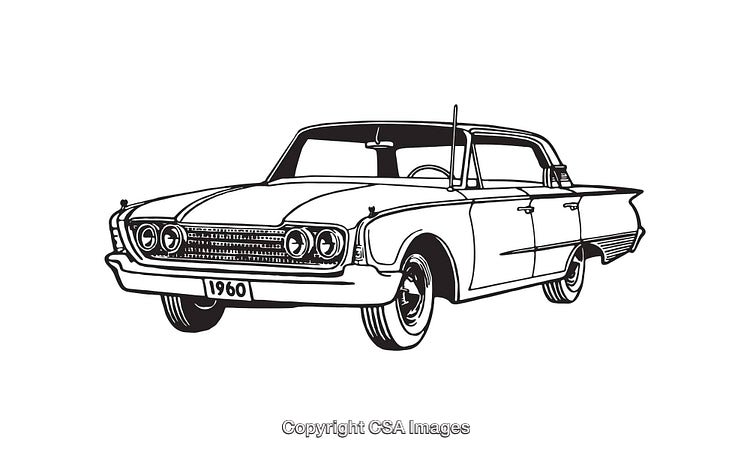 Retro 1960 Classic Car Illustration in Monochrome Line Art Style
