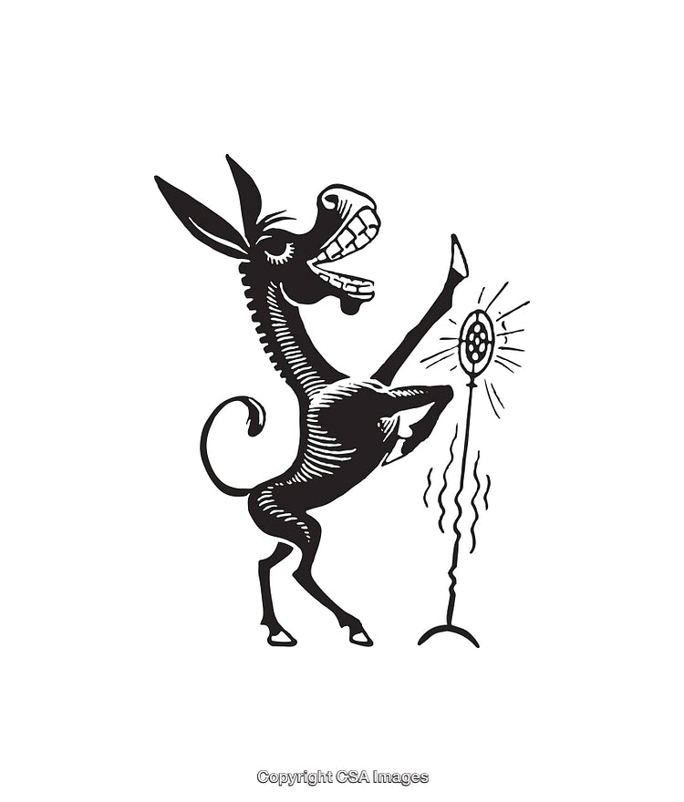 Black and White Line Art of a Singing Donkey Standing by Microphone