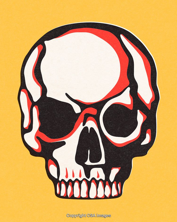 Vibrant Abstract Skull Illustration with Red and Black Patterns on Yellow
