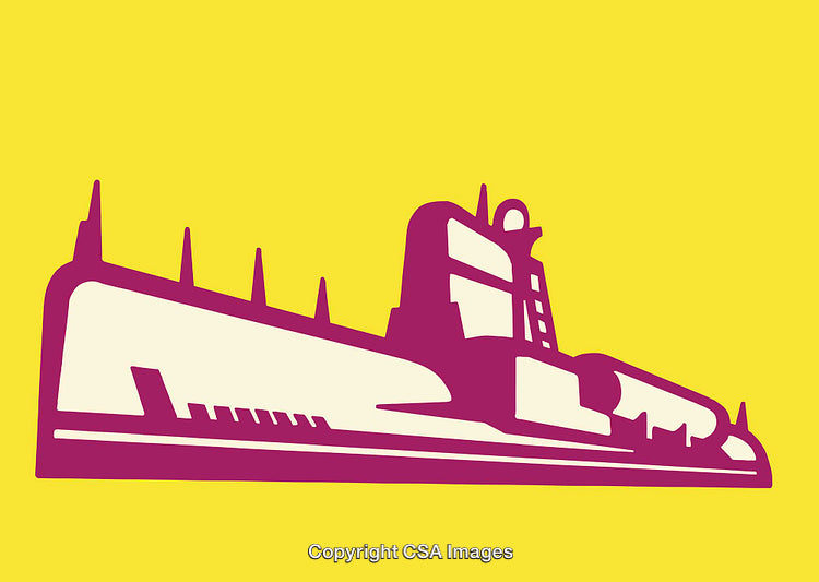 Colorful Line Art Illustration of a Submarine on Yellow Background
