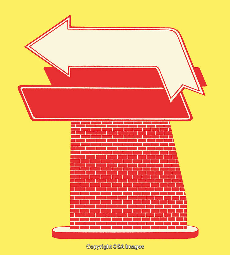 Colorful Line Art Illustration of a Red Arrow and Brick Structure