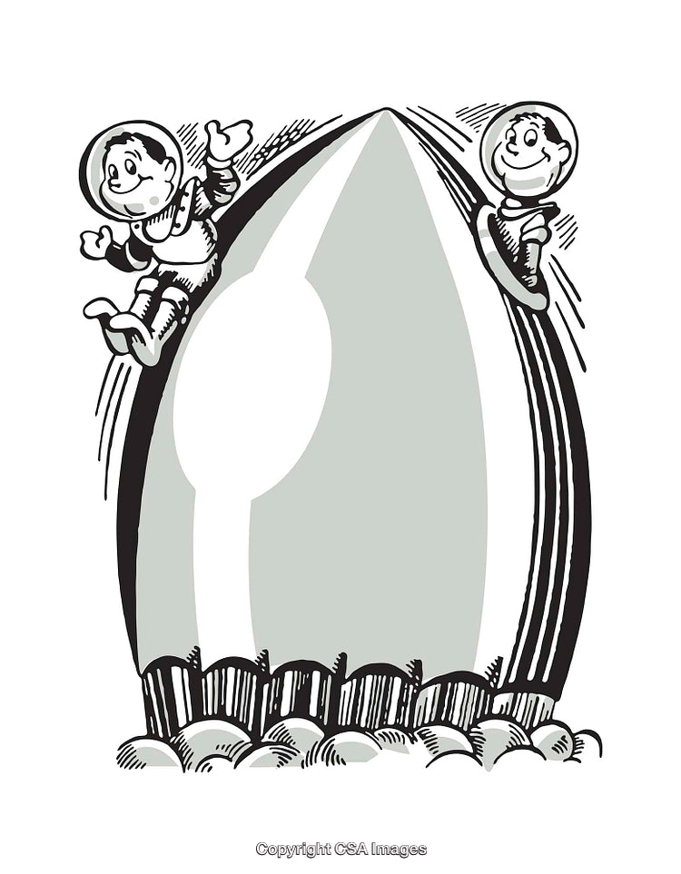 Retro Style Illustration of Astronauts Exploring a Rocket on Alien Terrain