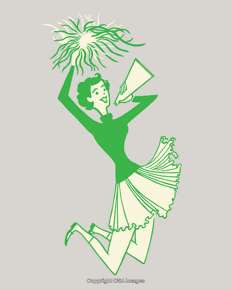 Cheerleader Illustration in Retro Line Art with Megaphone and Pom-Pom