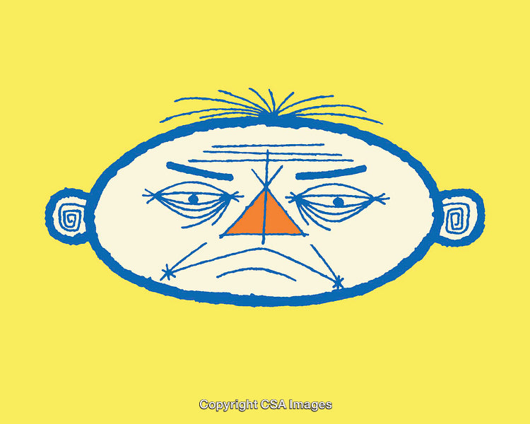 Colorful Line Art Illustration of a Grumpy Face on Yellow Background