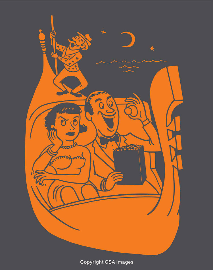Romantic Gondola Ride under a Night Sky with Playful Characters