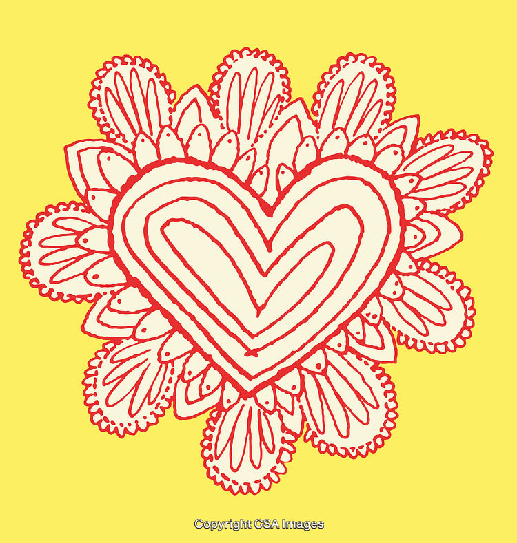 Red Heart Design with Intricate Patterns on Yellow Background