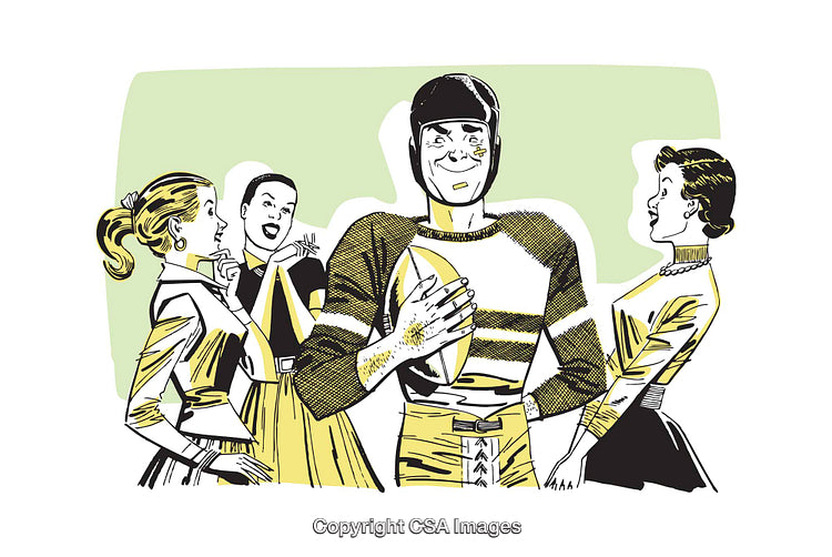 Retro Style Illustration of Football Player and Admiring Female Fans