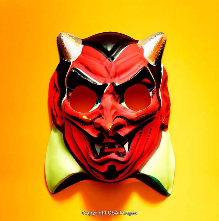 Red Devil Mask With Horns on Bright Yellow Background