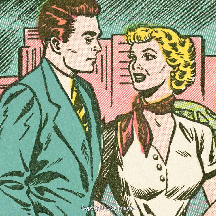 Retro Comic Style Illustration of a Man and a Woman Interacting