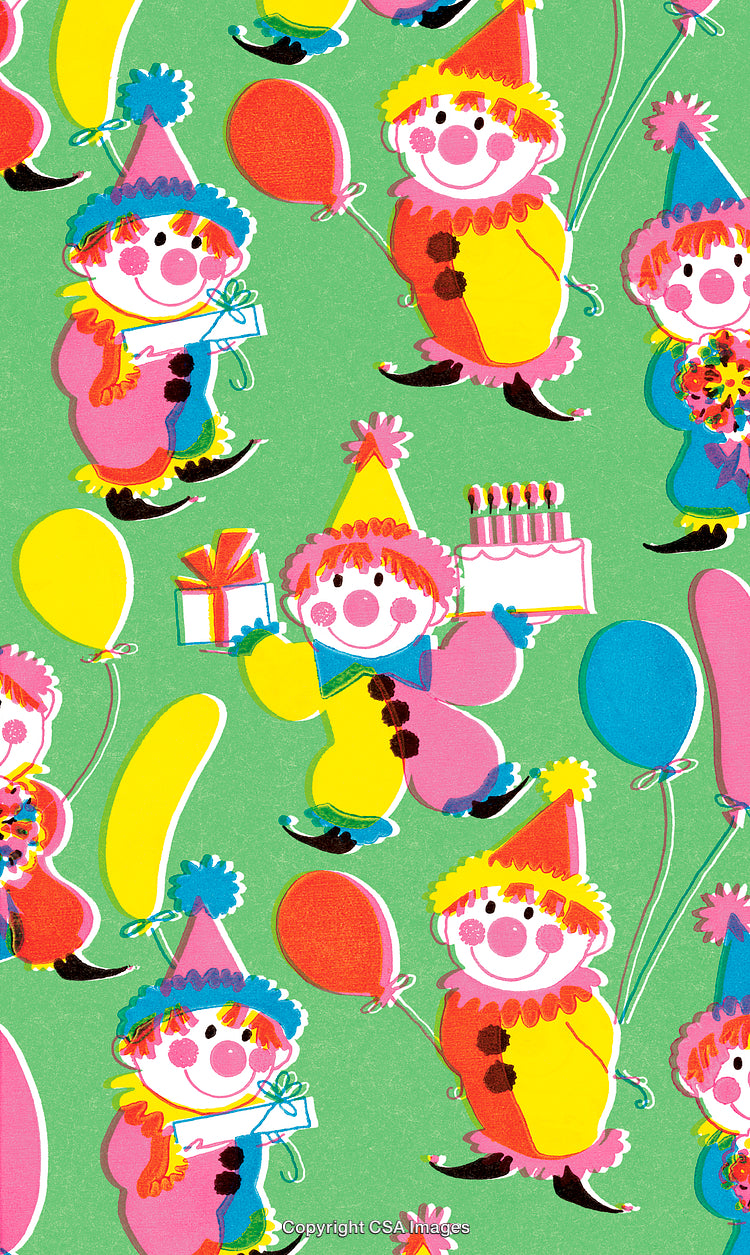 Colorful Clown Pattern with Balloons and Birthday Decorations on Green Background