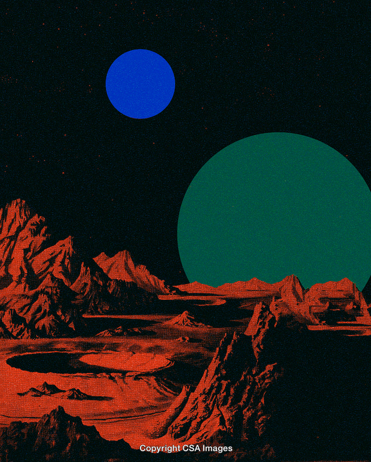 Surreal Landscape Featuring Planets and Alien Terrain in Bold Colors