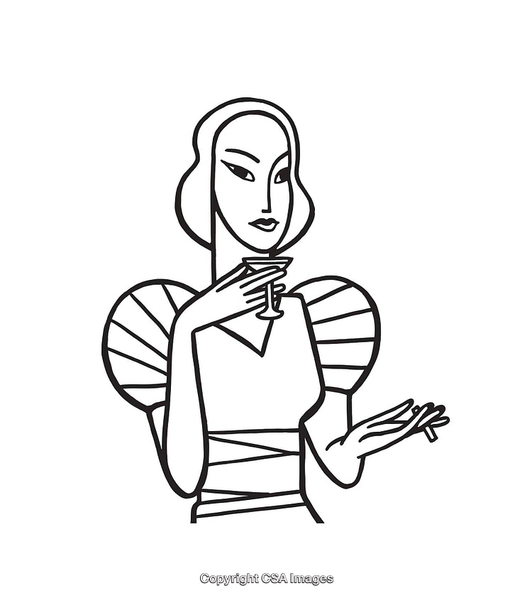 Elegant Line Art Woman Holding Cocktail and Smoking