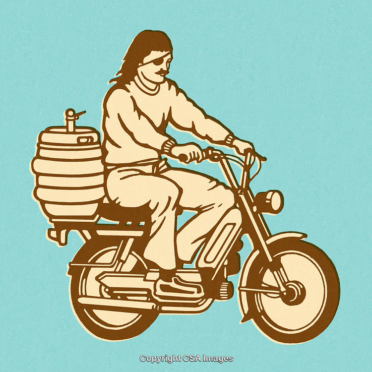Vintage Illustration of Person on Motorcycle Delivering a Keg