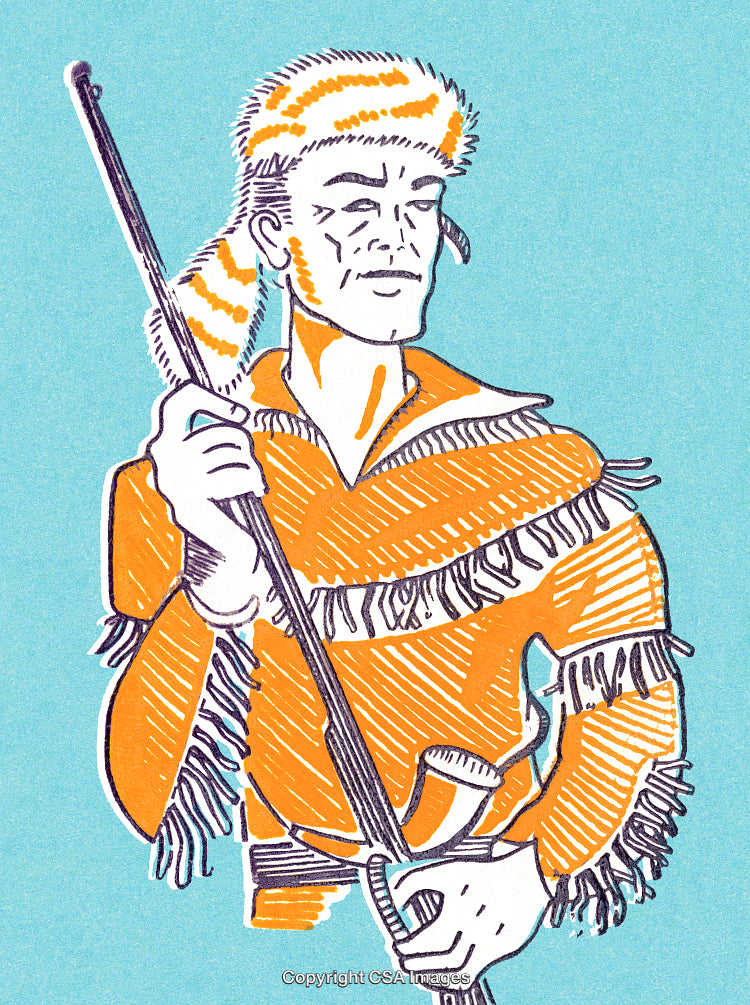 Frontiersman Illustration with Coonskin Cap and Musket in Classic American Style