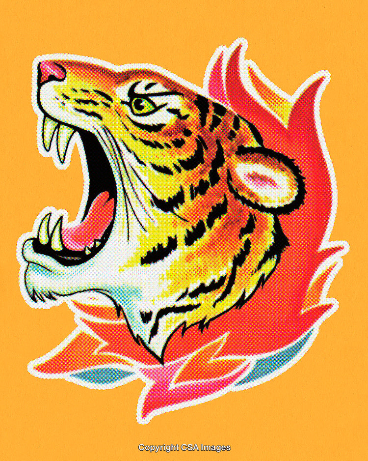 Vibrant Illustration of a Roaring Tiger with Fiery Background in Bold Colors