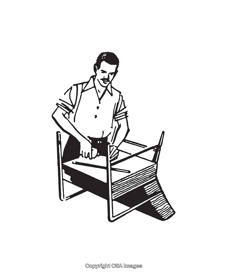 Black and White Illustration of a Man Assembling Wooden Furniture