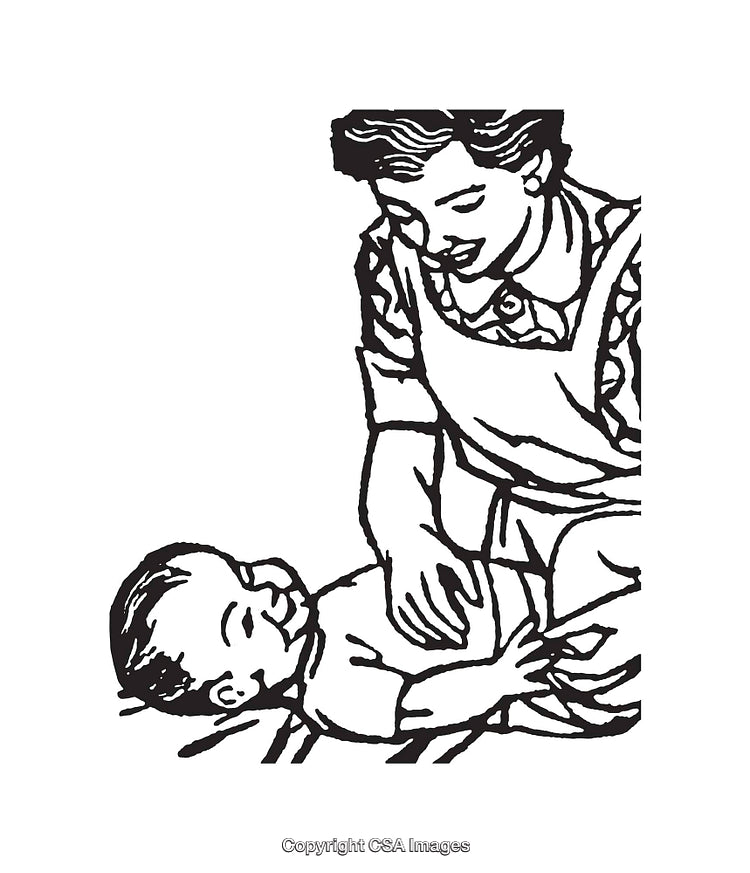 Vintage Line Art of a Mother Caring for Her Baby