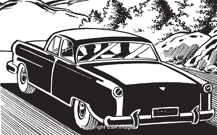 Vintage Illustration of a Classic Car Driving on a Scenic Road