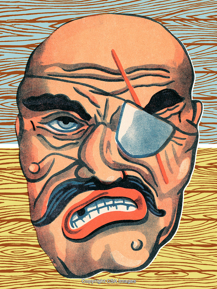 Vintage Illustration of a Fierce Pirate with an Eyepatch Against a Wooden Background