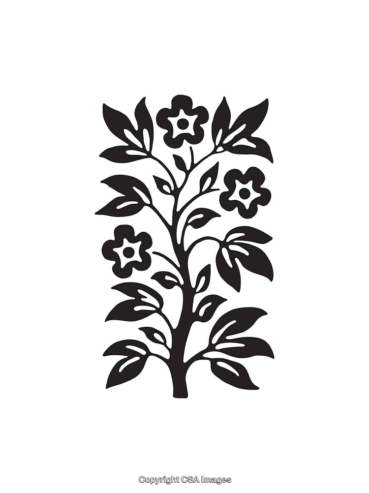 Abstract Black and White Flower Design with Stem and Leaves