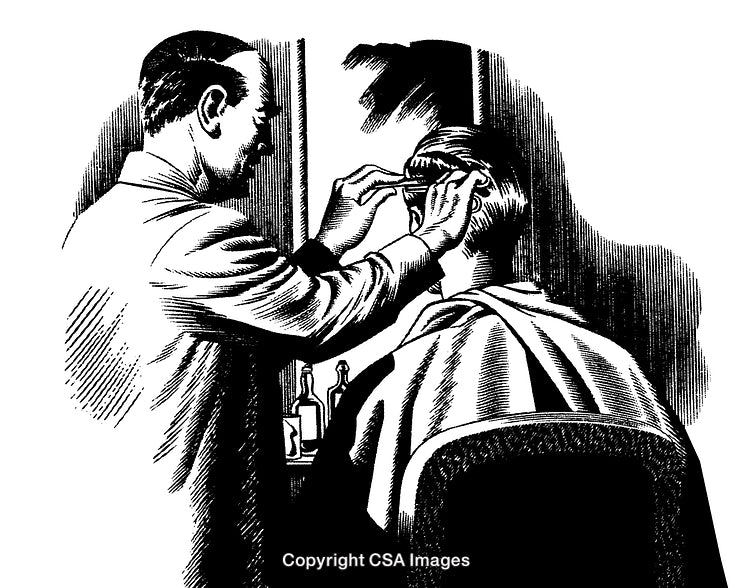 Vintage Black and White Engraving of a Barber Cutting Hair