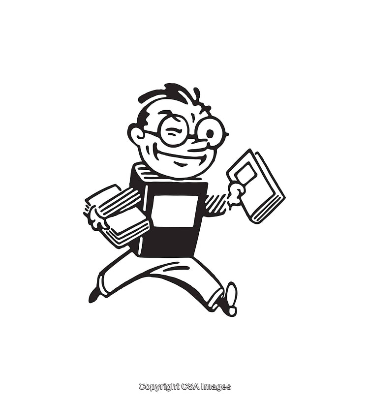 Black And White Illustration of a Happy Character Holding Books