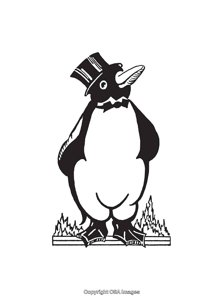 Elegant Penguin Character in Top Hat and Bowtie Illustration