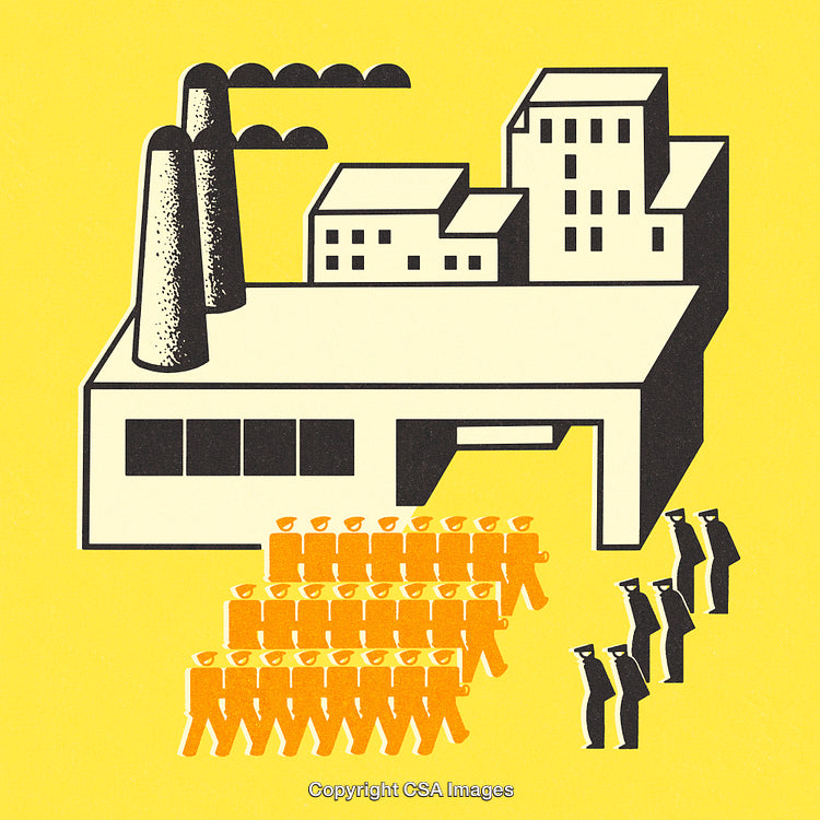 Abstract Depiction of an Industrial Factory Scene with Workers and Supervisors