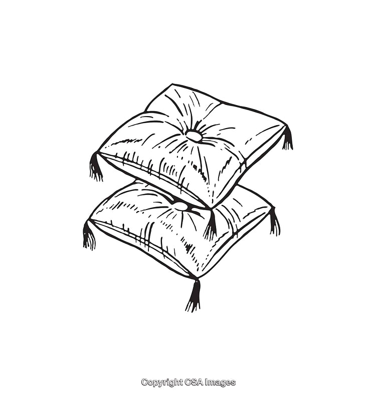 Black And White Line Drawing of Two Decorative Cushions With Tassels
