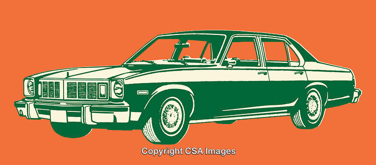 Vintage Green Sedan Car in Pop Art Style Illustration on Orange Background