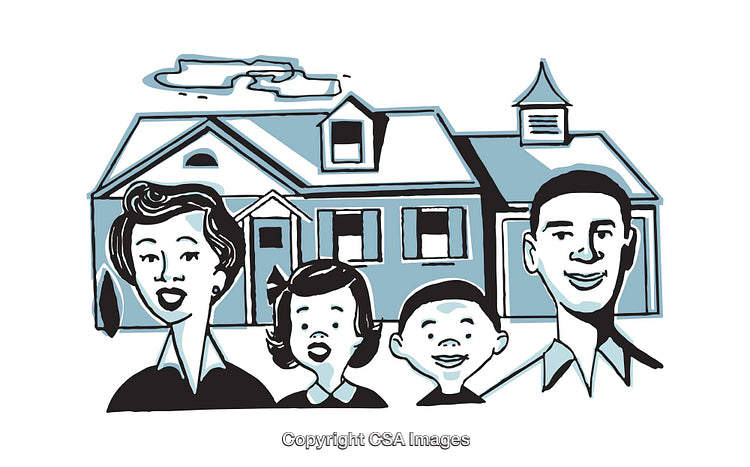 Retro Illustration of a Smiling Family Standing in Front of Their Home