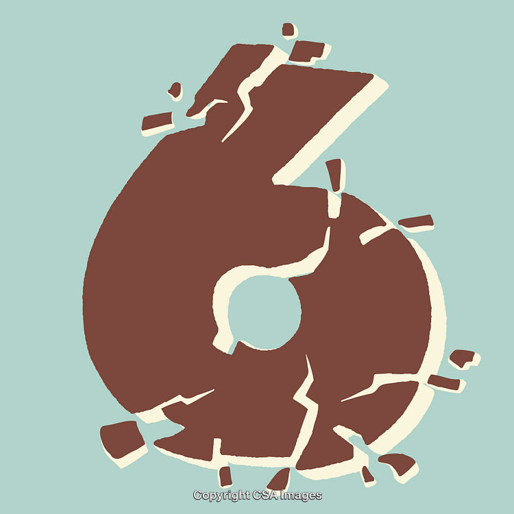 Number Six Cracked and Broken Textured Artwork on Blue Background