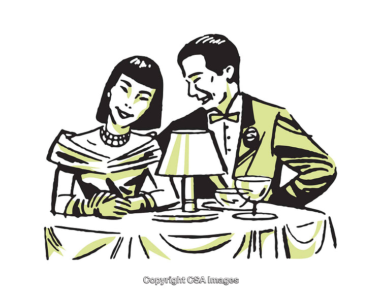 Elegant Couple Enjoying a Romantic Dinner in Snappy Color Illustration