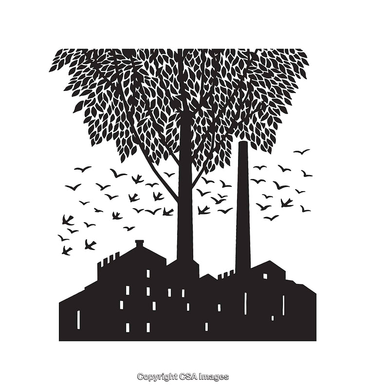 Black and White Silhouette of a Factory with Trees and Birds