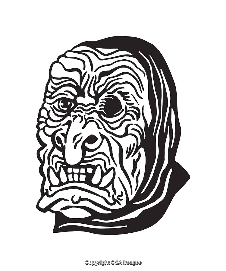 Black and White Illustration of a Wrinkled Character Face with Distinct Features