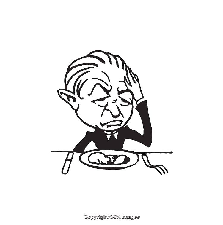 Black And White Illustration of a Frustrated Character Sitting at a Table
