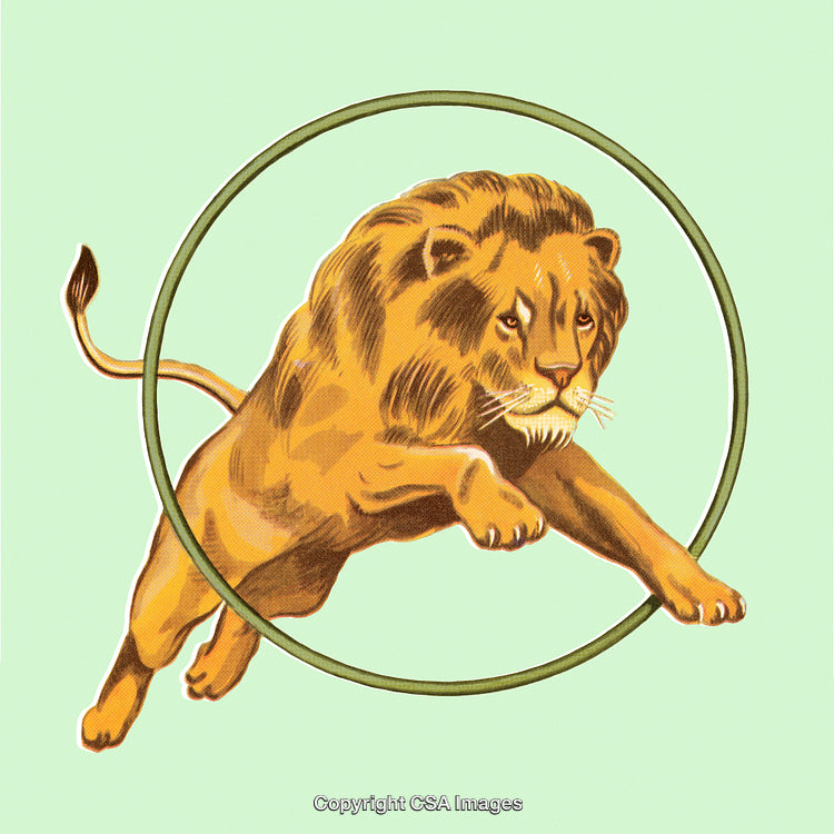 Vintage Illustration of a Lion Leaping Through a Circus Hoop